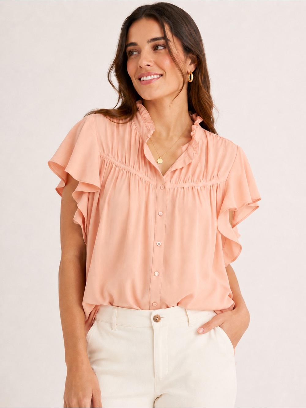 WHITE HOUSE BLACK MARKET Flutter Sleeve Ruffle Blouse – Peach Pink – XL – NWT